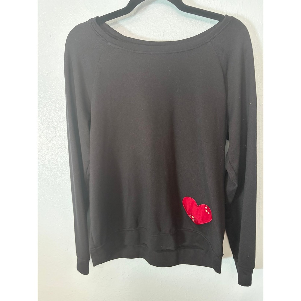 Betsey Johnson Womens Black Heart Applique Sweatshirt Rhinestone M Y2K Coquette